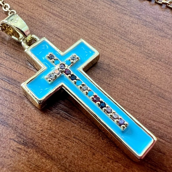 Gold and Blue Cross Rhinestone Pendant Necklace - Picture 2 of 3